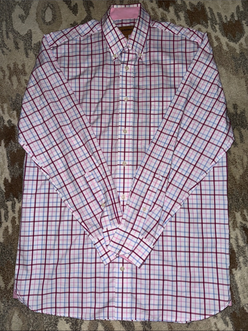 100% Cotton Pink Windowpane Plaid Dress Shirt - Classic Fit L